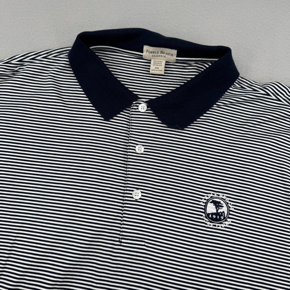 Pebble Beach Classic Men 2XL Navy Blue Striped Golf Polo Pebble Beach Golf Links